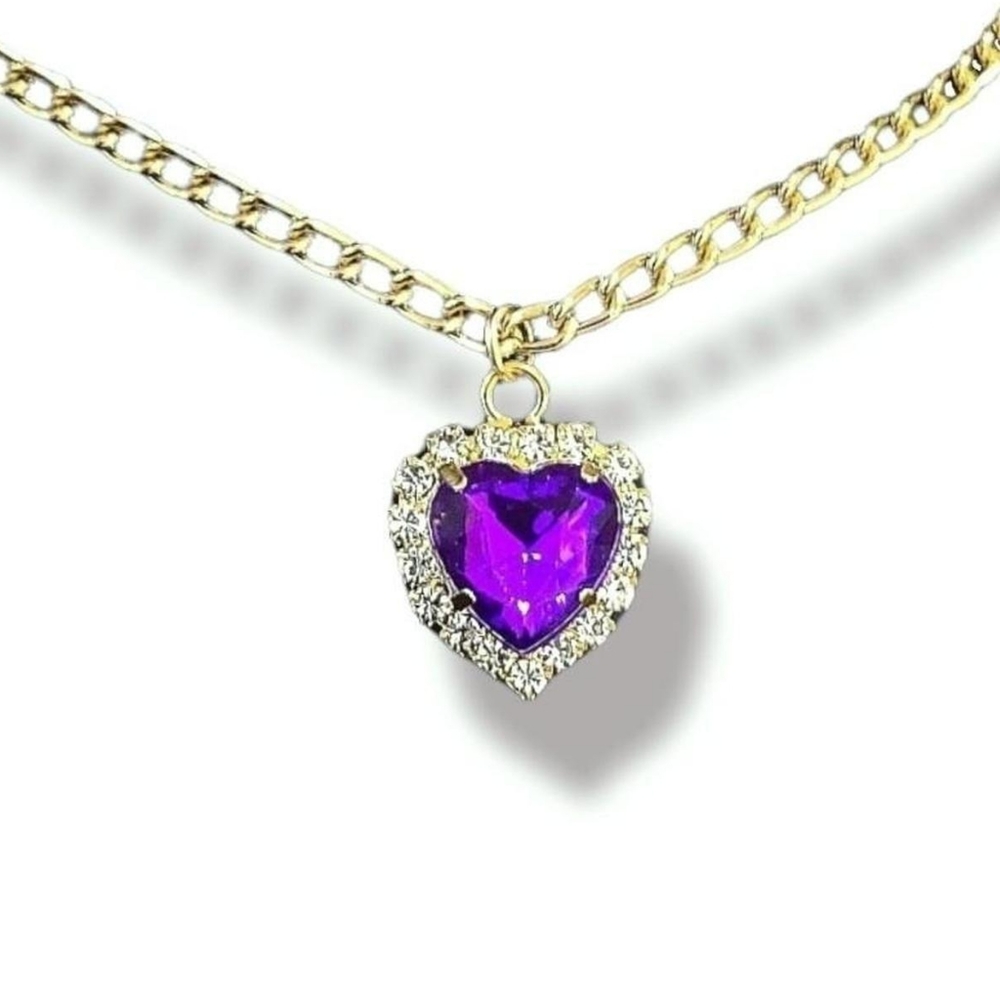Purple Gold Rhinestone Heart Choker ...